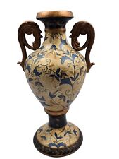 Vintage Style  Gold Leaf Vase with Blue Floral Design & Ornate Handles. 13