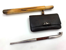 Japanese Antique Pure Silver Smoking pipe Kiseru W/ Pipe Case & Tabacco Pouch FS picture