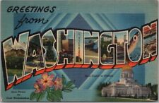 c1940s WASHINGTON Linen Greetings Postcard Large Letter / State Capitol & Flower picture