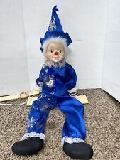 Vintage 34” Clown Marionette Hand-painted Porcelain Face Royal Blue Silver Moon picture