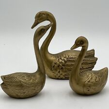 Vintage Brass Swans Mid Century Regency Decor Patina Set Of 3 picture