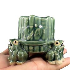 Vintage Green Ceramic Majolica Style Planter Pot Footed Dish Bowl With Frogs picture