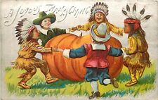 Embossed Thanksgiving Postcard Pilgrim & Indian Kids Dance Around Pumpkin picture