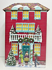 Christmas Tin Vintage Winter Town House Decorative Storage Container Snowman *** picture