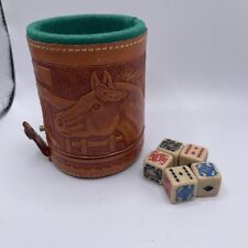 Vintage Tooled Leather Mexico Dice Cup with 5 Poker Dice picture