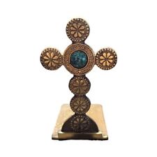 Rare Vintage Brass Cross Bookends with Turquoise Cabochons 5.75