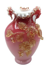 Harrach Bohemian Victorian Cranberry Pink & Amber Art Glass Vase w Applied Roses picture