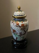 Vintage Chinese Cloisonne Enamel Ginger Jar With Carved Wood Stand picture