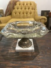 Vintage Large Glass Pedestal Ashtray Ornate Brass & Marble Base picture
