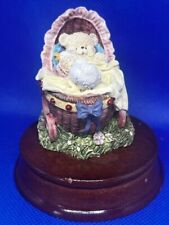 Vintage Baby Teddy Bear w/ Goose in Carriage on wood stand Figurine picture