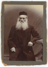 Antique c1890s Trimmed Rare Cabinet Card Rabbi Wearing Coat & Glasses Full Beard picture