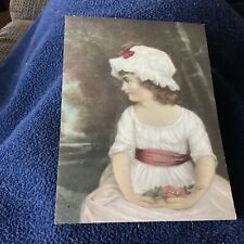 VICTORIAN LITTLE GIRL IN WHITE DRESS HOLDING FLOWERS CARD picture