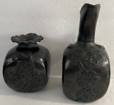 2 Handcrafted Oaxaca Mexico Black Pottery Vase & Pitcher Birds Bunnies Flowers picture