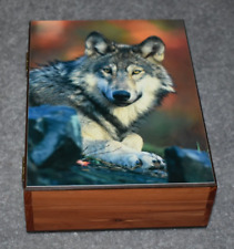#4241 WOLF STARE KEEPSAKE JEWELRY HOME DECOR WOOD CEDAR BOX picture
