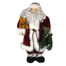 Standing Holiday Christmas Santa Figurine Fabric Clothing w/ Teddy Bear Tree 18” picture