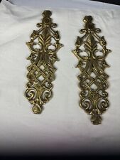 VINTAGE Pair SOLID BRASS WALL PEDIMENT DECOR  SCROLLED WALL ART 12”x 4.25” picture