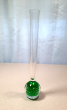 Vintage Hand Blown Bud Vase 9.5 Inch Green Ball Bottom With Controlled Bubbles picture