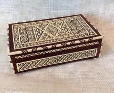Vintage Footed Wooden Box with Hinged Lid and Mother of Pearl Inlay Marquetry picture