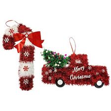 Christmas Vintage Holiday Tinsel Wall Hangings Candy Cane & Pickup Truck picture