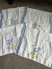 Lot of 4 white Linen Blue Stripe Embroidered Bird Tea Towels Vintage? picture