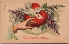 1913 VALENTINE'S DAY Embossed Postcard Lady's Hand / White Dove / Violet Flowers picture