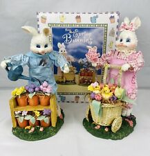 Vintage 2pc Easter Bunny Rabbit Figurine Sculptures 12” Fabric Mache 90’s w/Box picture