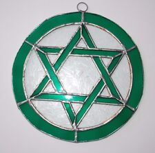 One Leaded Stained Glass Round Sun Catcher Green Star of David Hanging 7''   picture
