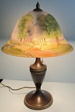 ANTIQUE-PAIRPOINT-REVERSE PAINTED GLASS SHADE-ROAD & TREE SCENE-SIGNED TWICE picture