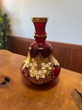 Vintage Bohemian Czech Hand-Painted Gilt Floral Enamel Glass Vase picture