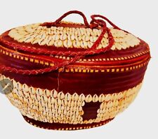 COWRIE SHELL Hausa MEDIUM Burg.Leather Trim BASKET- Africa- VINTAGE*** picture