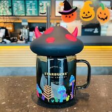 Starbucks 18oz Black Halloween Mushroom Glass Mason Straw Cup Gift picture