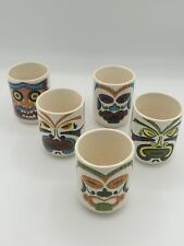 5 Vintage Tiki Cups Hand Painted 2 Sided Design Unique 1972 Rare Set picture