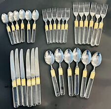 VTG 30 Mikasa Laslo Prisma Clear Handle Gold Accent Stainless Flatware 6 Service picture