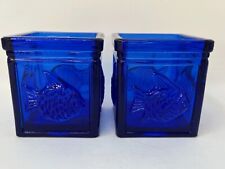 Vintage Cobalt Blue Glass Votive Candle Holders Embossed Fish Set of 2 picture
