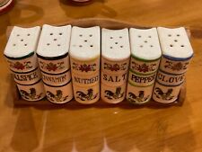 vintage Royal Sealy Japan (6) Rooster Book ceramic Spice Containers & Wood Rack  picture