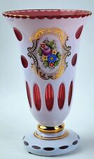 Vintage BOHEMIAN CZECH Cased Glass White Overlay Cut to Pink Cranberry 8” VASE picture