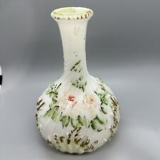 Antique Victorian Milk Glass Vase Hand Painted Floral Bottle picture