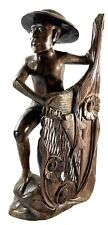 Balinese Carved Wood Figurine Statue Fisherman Hauling Net Indonesian 11.5” picture