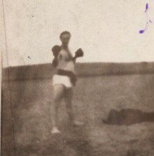3W Photograph Weird Odd Strange Shirtless Man Field Boxing Gloves 1910-20s Boxer picture