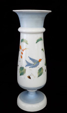 Antique Opaline Glass Vase Hand Painted Floral Bluebird picture