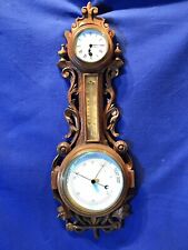 VINTAGE ANTIQUE FRENCH,,WALL BAROMETER & KEY WOUND CLOCK ,WITH WALNUT CASE picture