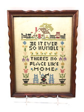 Vintage Wooden Glass Framed Needlework Cross Stitch Sampler Be It Ever So Humble picture
