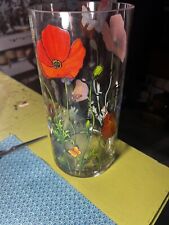 Vintage 1980s hand painted poppy clear glass 10 inch vase picture