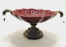 Vtg Ethan Allen Porcelain Burgundy Red Pedestal Scalloped Bowl Brass Gold picture