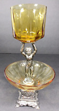 Vintage Compote Cherub Holding Amber Glass Dish Silver Base 8.5” Tall picture