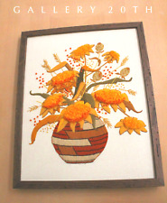 GORGEOUS MID CENTURY SUNFLOWER TAPESTRY TEXTILE ORANGE ORIG. WALL ART 1960s picture