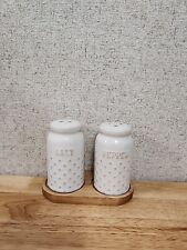 Salt & Pepper Shakers Stoneware With Wooden Holder 3.5 Inches picture