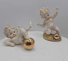 Vtg Porcelain Cherub Children Figurines Playing W/Gold Ball Handpainted Japan picture