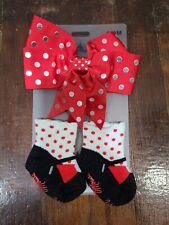 Disney Parks Minnie Mouse Infant Baby Hair Bow Red Polka Dot Socks Set 0-6 MO picture