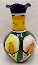 Mexican Pottery Vase / Pot Hand Painted Art Flowers 10.5